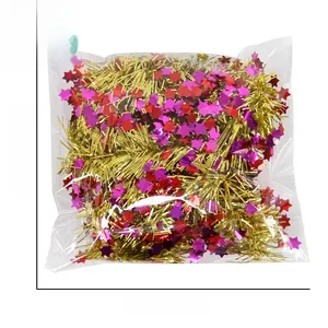 Package detail of 2m Christmas tinsel garland with stars and size dimensions
