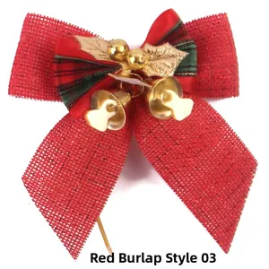 Christmas bow decoration with burlap, gold bells, and green plaid ribbon detail