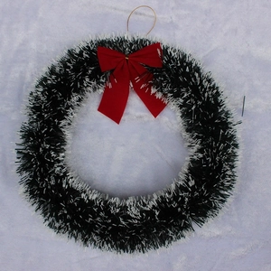 30cm Christmas wreath with black and white tinsel and a festive red fabric bow decoration