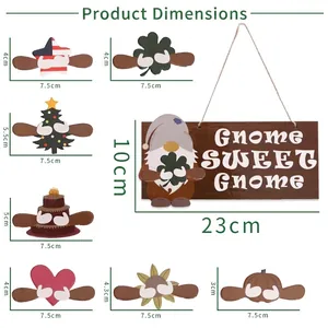 Wooden Gnome Sweet Gnome door sign with interchangeable holiday icons and size details