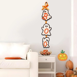 Three-piece hanging wooden ghost sign with BOO letters and orange ribbon for Halloween decor