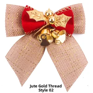 Detail of Christmas plaid burlap bow with red velvet and golden bells hanging ornament