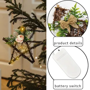 Luminous star-shaped rattan Christmas wreath with pink roses and warm LED fairy lights