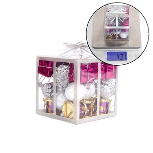 Christmas tree ornaments set with mini drums, gift boxes and glitter balls in clear packaging