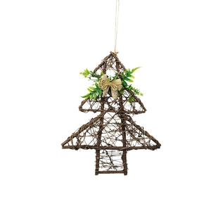 Handcrafted Christmas tree shaped wooden twig wreath with green leaves and burlap bow decor