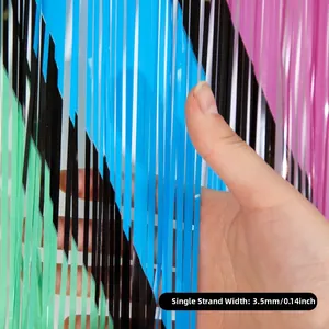 Detail view of 3.5mm wide rainbow foil fringe curtain strands for party backdrop decor