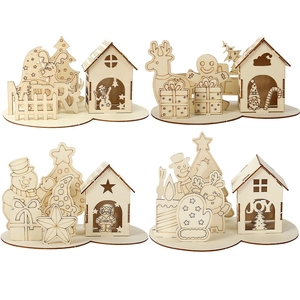 Christmas DIY Wood Desktop Decoration Laser Cut Snowman Reindeer Small Cabin Ornament Creative Assembly Gift Tabletop Decor