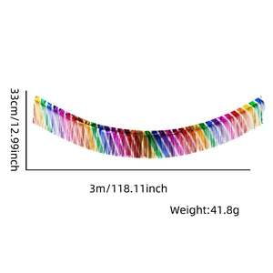 Rainbow tinsel fringe garland detail with dimensions 33cm height and 3m length