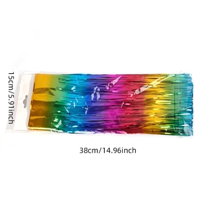 Rainbow gradient foil fringe curtain in packaging with 38cm by 15cm dimensions