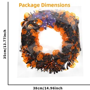Detailed packaging size chart of Halloween ghost pumpkin wreath with bow ornament