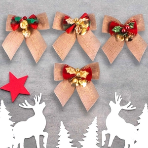 Detailed Christmas bow ornaments with burlap fabric, bells and holly leaf accents