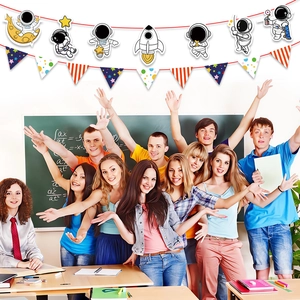 Space party banner with astronauts and rockets for graduation or birthday decoration