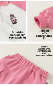 Detail of bear embroidery, ribbed cuffs, and elastic waistband on pink girl's outfit