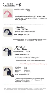 Detailed size chart and fabric composition for girls' polo sweatshirt and pleated skirt set