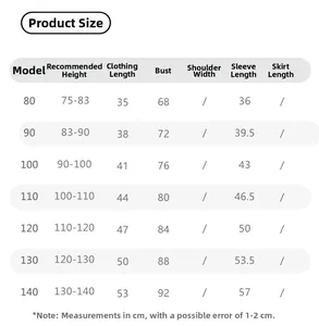 Size chart showing height, length, bust and sleeve measurements for girls' polo clothing set