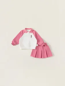 Girls Academy Style Cotton Sweatshirt And Pleated Skirt Two Piece Set Cartoon Bear Embroidery Long Sleeve Preppy Outfit