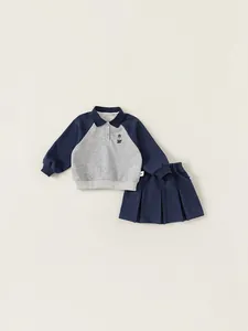 Girls school style polo collar sweatshirt and pleated skirt set with bear embroidery