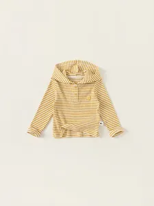 T-shirt a maniche lunghe con cappuccio a righe gialle per bambini con ricamo a orsetto