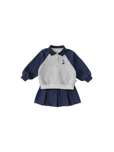 Girl's polo sweatshirt and pleated skirt two-piece school style navy set with bear embroidery