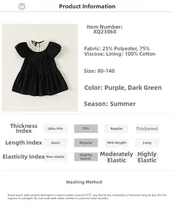 Detailed fabric composition and size chart for girls' puff sleeve black dress