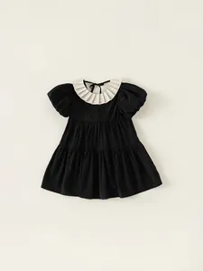 Elegant Girls Hepburn Style Black Dress Elegant Puff Sleeve Ruffled Collar Princess Tiered Cake Skirt Summer Kids Viscose Blend Dress