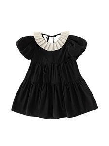Classic black bubble sleeve girl dress with white ruffled collar and tiered skirt design