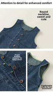 Detail view of denim girl dress showing round neck, resin buttons and durable texture