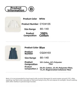 Size chart and fabric details for girls white cotton top and blue denim dress