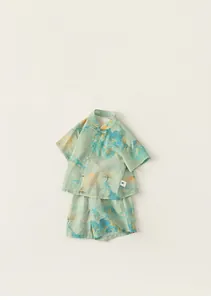 Detail of traditional Chinese frog buttons on mint green kids landscape print set