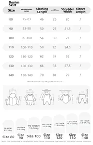 Detailed size chart for children denim dress covering sizes eighty to one hundred forty