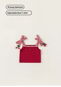 Detail of red ribbed girls tank top with adjustable gingham bow straps and cherry accents