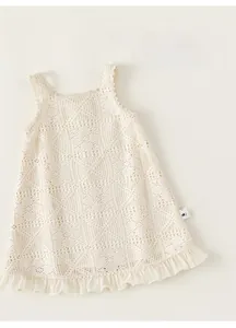 Detail shot of white crochet lace dress with floral straps and eyelet patterns