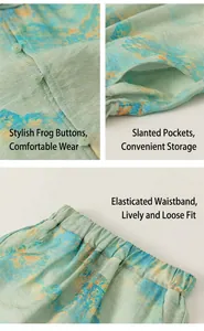 Detail view of Chinese style kids set featuring traditional buttons and elastic waist