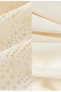 Detail of breathable hollow-out crochet lace and soft plain cotton fabric for girls' dress