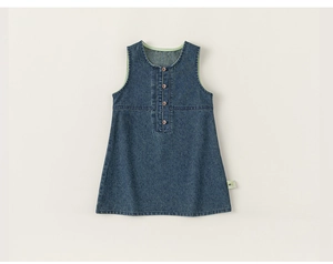 Detailed view of kids denim sleeveless dress with light green trim and front buttons