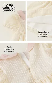 Detail of girl's dress showing elastic cuffs, loose hem and back zipper closure