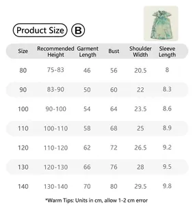 Detailed size guide for children's Hanfu suit showing height and measurement specs
