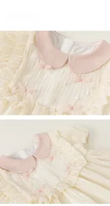 Detail of pink floral embroidery on double-layered collar with sweet silk bows