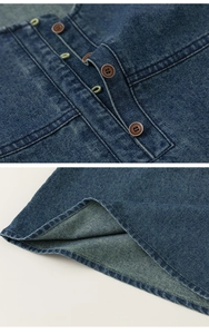 Detail of dark blue denim dress with vintage brown buttons and neat stitching