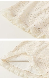 Detail of beige crochet lace dress featuring hollow geometric patterns and chiffon ruffles