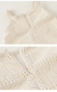 Detail showing cream crochet lace texture and back invisible zipper on summer dress
