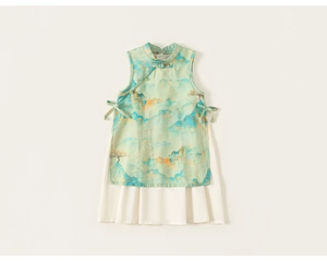 Detail of girls' floral qipao dress featuring Chinese ink print and traditional knots
