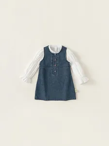 Kids Girls Casual Cotton Denim Jumper Dress A-Line Sleeveless Pinafore Dress Solid Color Button Decoration Spring Autumn Dress