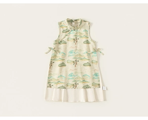 Detailed view of kids Chinese style sleeveless dress with mountain landscape print and knots