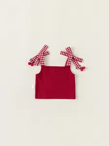 Sweet red ribbed knit girls tank top with red and white gingham bow cherry straps
