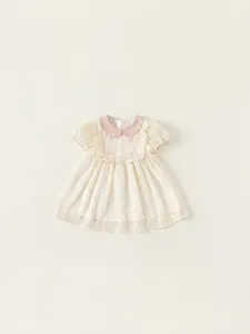 Sweet Baby Girl Princess Dress Pink Bow Peter Pan Collar Apricot Swiss Dot Puff Sleeve Short Sleeve Summer Kid Party Dress