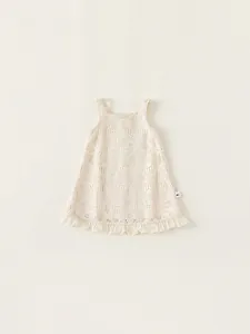 Girls Mori Style Sleeveless Crochet Hollow A-Line Dress Cream Apricot Lace Trim Summer Vacation Strap Sundress For Kids