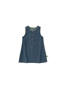 Classic blue denim sleeveless dress for girls with wooden buttons and round neck design