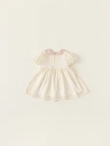 Pink Peter Pan collar baby girl puff sleeve dress with elegant textured polka dot jacquard