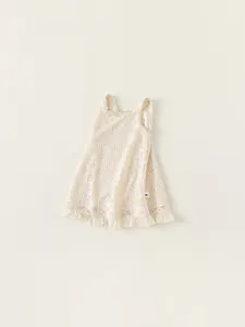 Forest-style cream crochet lace sleeveless dress for girls with tiered ruffle hem detail